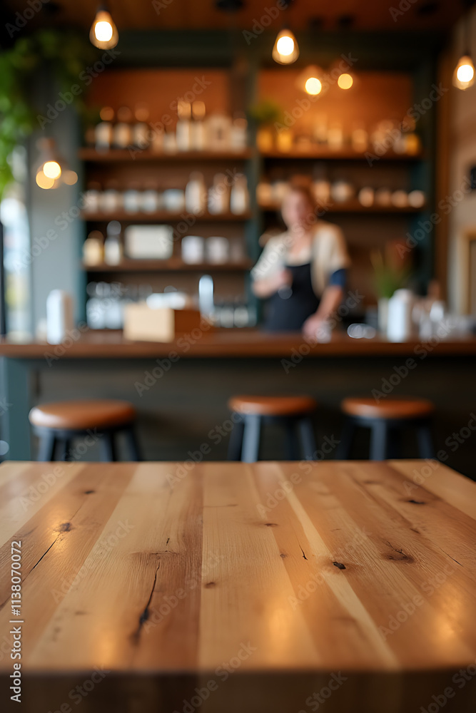 Poster a wooden table top with a blurred counter bar area in a typical cafe or restaurant setting._00003_