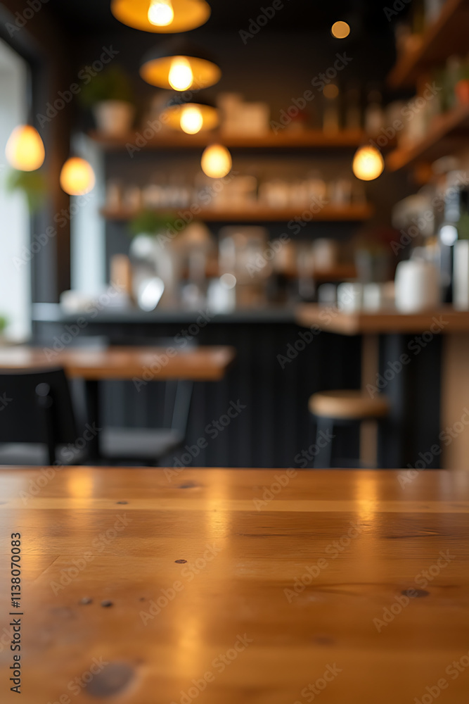 Poster a wooden table top with a blurred counter bar area in a typical cafe or restaurant setting._00002_