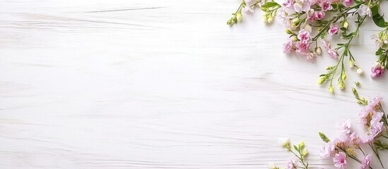 Spring floral arrangement on white wooden background showcasing vibrant blooms for festive decoration and creative inspiration.