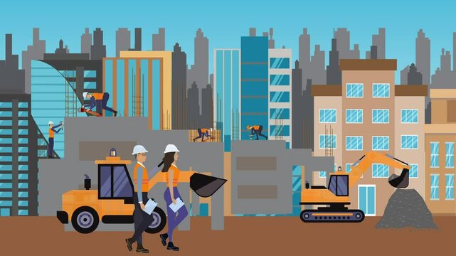 Construction site area, working on the edge of town with engineers and building machines animation