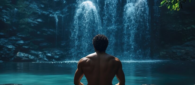 Serene shirtless man meditating by tranquil lake with cascading waterfall in lush natural setting reflecting peace and relaxation - Powered by Adobe