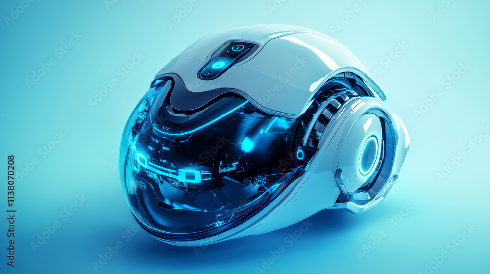 Poster futuristic robotic illustration for mobile design with digital holographic platform. ai chat bot bas
