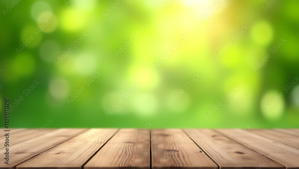 Poster a wooden table top with a blurred bokeh of fresh green foliage from a garden setting suitable for pr