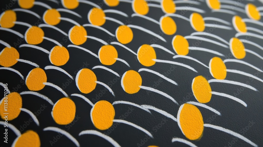 Poster close-up of a vibrant, abstract pattern featuring orange circles and white lines on a dark backgroun