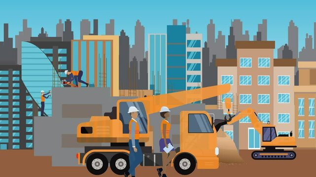 Construction site area, working on the edge of town with engineers and building machines animation