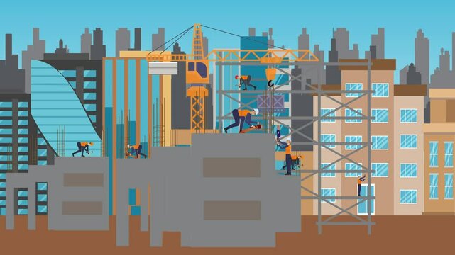 Construction site area, working on the edge of town with engineers and building machines animation