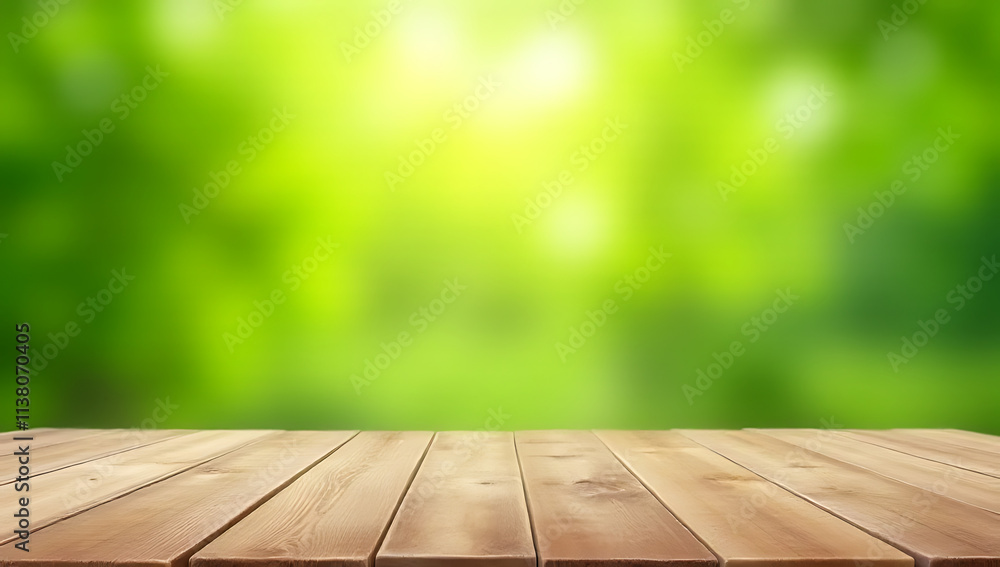 Poster a wooden table top with a blurred bokeh of fresh green foliage from a garden setting suitable for pr