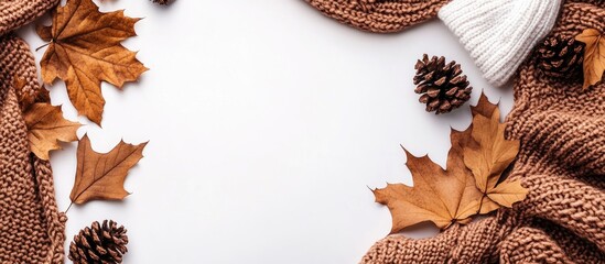 Autumn flat lay featuring dry leaves, pinecones, and a brown knitted blanket on a white background ideal for seasonal theme designs