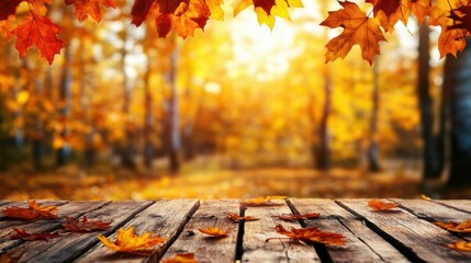 Autumn leaves fall on a wooden table, surrounded by a vibrant forest in warm, golden hues of fall.