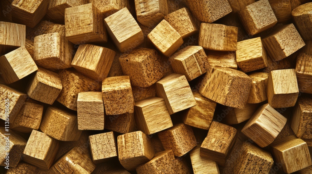 Poster background of assorted wooden cubes in warm tones creating a natural and rustic texture for design a