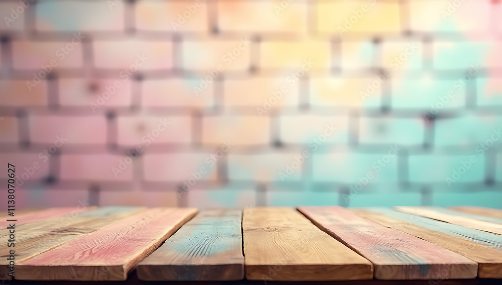 Poster A wooden table top features a colorful design against a subtle pastel colored brick background image._00002_