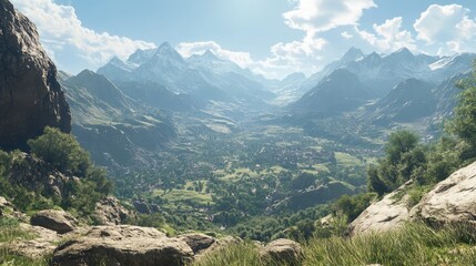 Naklejka premium Panoramic mountain view overlooking a lush green valley under a bright blue sky with fluffy clouds on a clear sunny day