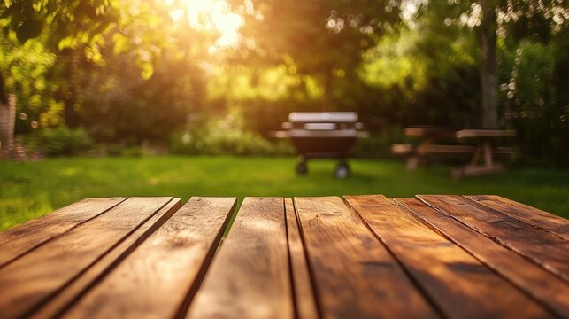Sunlit backyard scene featuring a wooden table and BBQ grill with a blurred background of greenery and warm sunlight during golden hour