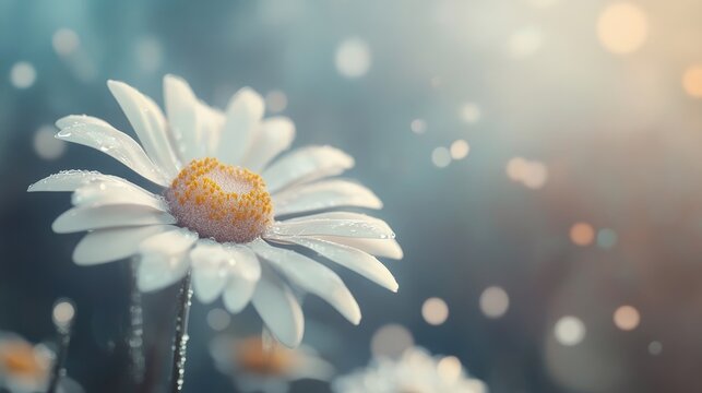 Dew-kissed daisy flower with soft bokeh background creating a serene and tranquil nature scene ideal for floral designs and spring themes