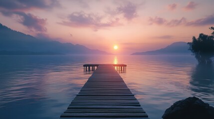 Obraz premium Serene sunrise over calm waters with a wooden jetty extending into the vibrant horizon landscape during early morning light
