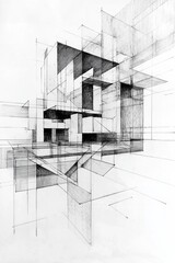 Abstract architectural sketch of an interior space, on a white background, with lines and blocks.