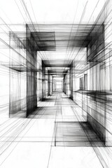 Abstract architectural sketch of an interior space, on a white background, with lines and blocks.