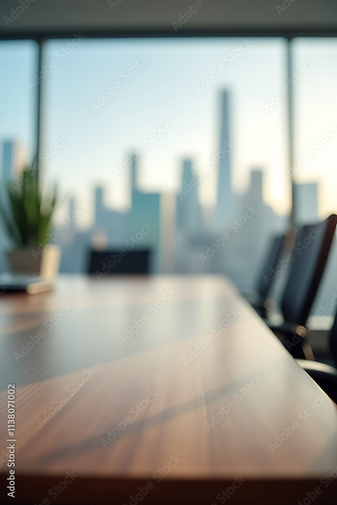Poster a wooden table sits empty in a blur of an office room with a view of the city skyline outside the wi