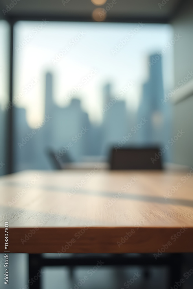 Poster a wooden table sits empty in a blur of an office room with a view of the city skyline outside the wi