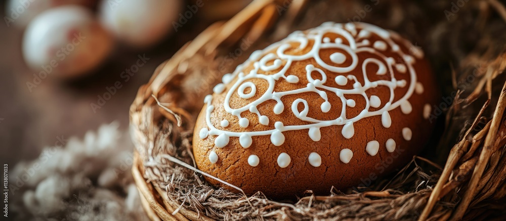 Poster easter gingerbread cookie shaped like an egg resting in a woven basket with a rustic background and 