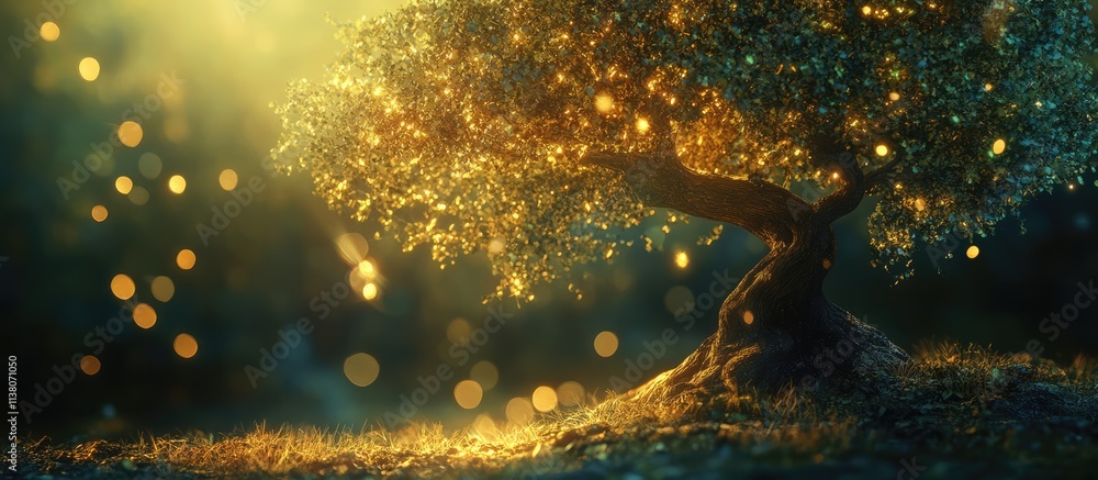 Poster decorative tree with sparkling bokeh lights creating a magical and serene nature background atmosphe