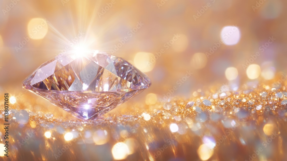 Poster glittering diamond on sparkling golden background with elegant bokeh lighting creating a luxurious a