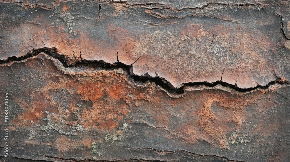 Poster textured tree bark background featuring deep cracks and vibrant algae growth for natural and rustic 