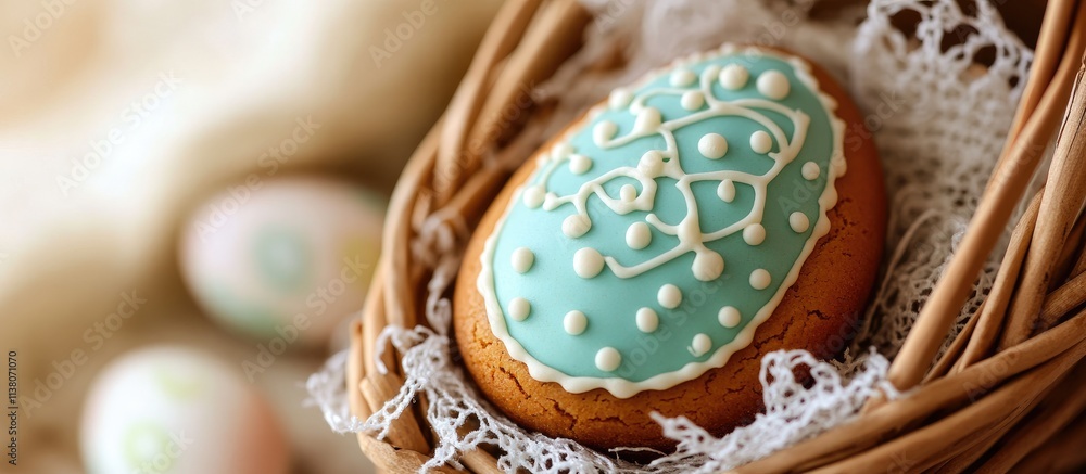 Poster easter themed gingerbread cookie shaped like an egg nestled in a rustic basket with decorative eleme