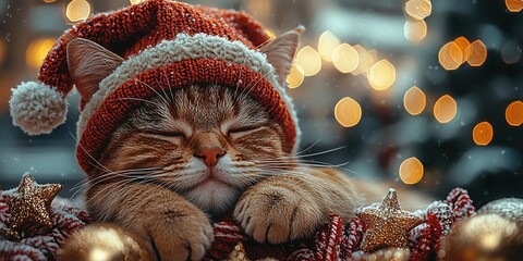 Cute cat wearing a festive red hat sleeps peacefully among sparkling decorations during the holiday...