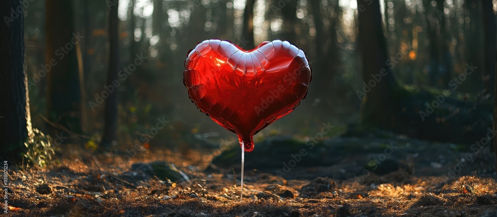 Poster heart-shaped red balloon standing alone in a tranquil forest setting surrounded by greenery and soft