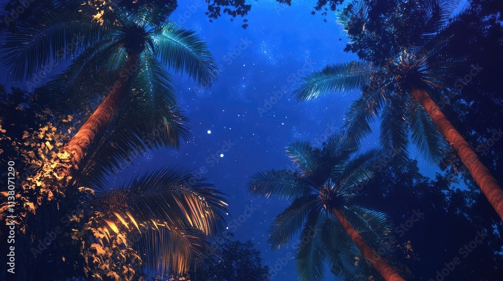 Poster nighttime palm trees with starry sky and illuminated canopy creating a tropical atmosphere