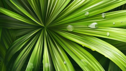 Lush green palm leaf background with water droplets creating a vibrant tropical ambiance for design and natural themes.