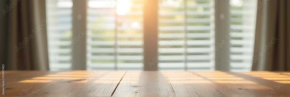 Aufkleber A wooden table has a tabletop with a blurred view of shutters behind curtains in the background._00003_