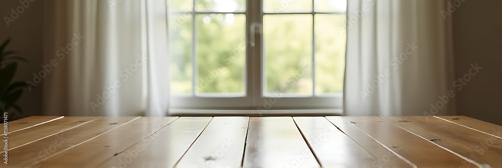 Poster a wooden table has a tabletop with a blurred view of shutters behind curtains in the background._000