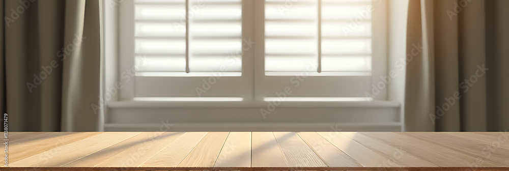 Poster a wooden table has a tabletop with a blurred view of shutters behind curtains in the background._000