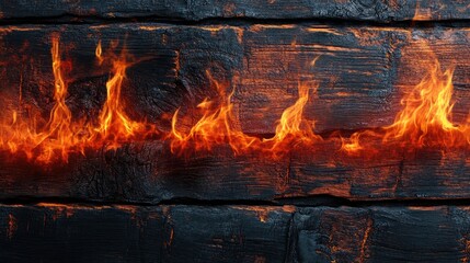 Fototapeta premium Burnt wood texture with vibrant flames creating a striking background ideal for dramatic themes and creative designs.