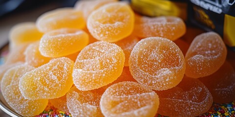 A close-up of orange gummy candies coated in sugar, arranged on a colorful plate.