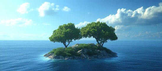 Obraz premium Serene island landscape with lush green trees surrounded by tranquil deep blue ocean and clear skies