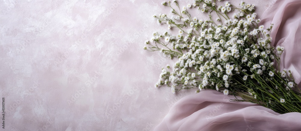 Poster chamomile bouquet arrangement on soft fabric with a subtle background for elegant floral design conc