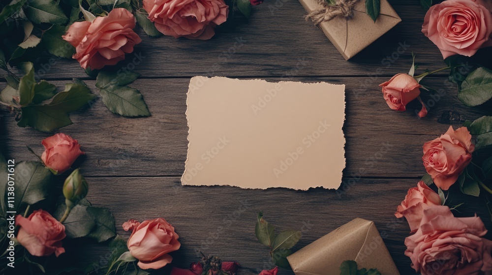 Poster rustic backdrop with blank card gift boxes and pink roses on weathered wooden table creating space f