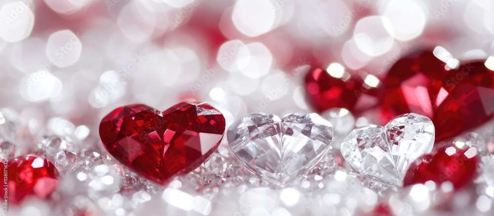 Poster red and white hearts bokeh background with sparkling elements for romantic and festive themes