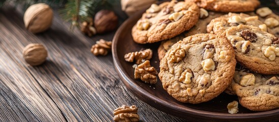 Fototapeta premium Delicious homemade cookies with walnuts on a rustic wooden surface surrounded by festive decorations and natural elements