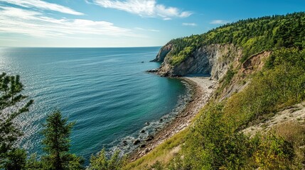 Obraz premium Serene coastal landscape with lush greenery and calm waters at the cape under a clear blue sky