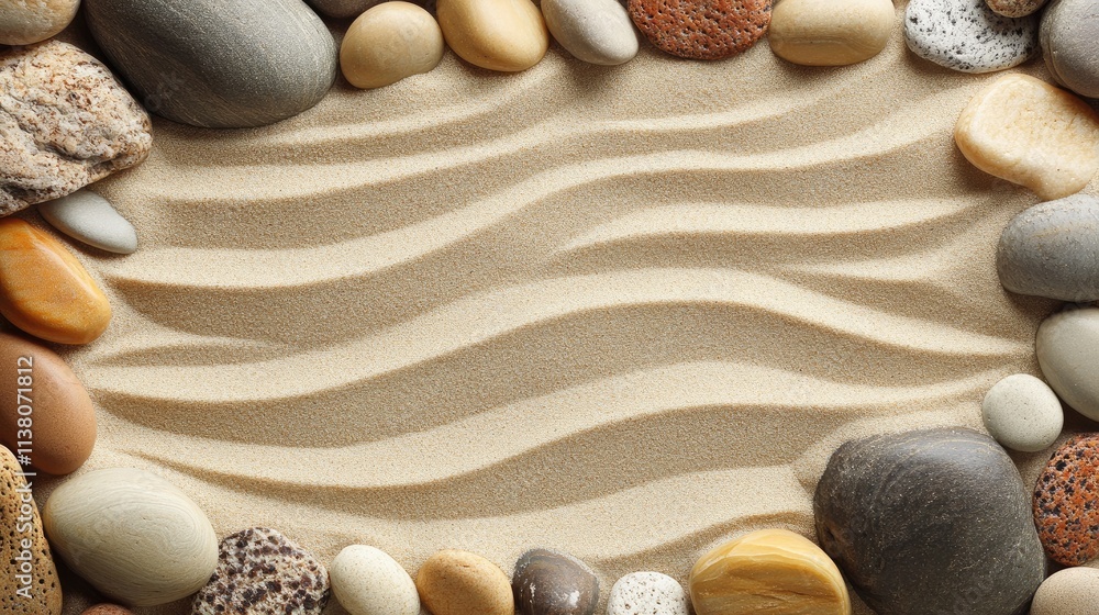 Poster background texture of smooth pebbles and rippled sand creating a natural decorative border for desig
