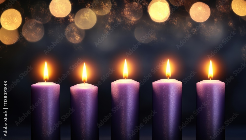 Poster a serene display of five purple candles glowing softly against a sparkling bokeh background, creatin