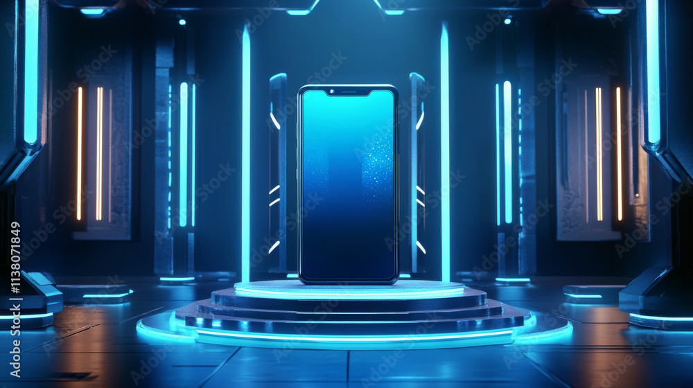 Poster 3d mobile phone mockup on podium. futuristic background with tech stand with neon light and hologram