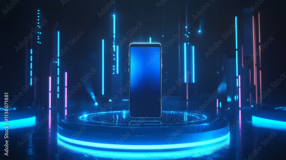 Poster 3d mobile phone mockup on podium. futuristic background with tech stand with neon light and hologram