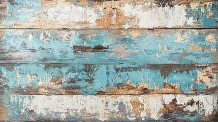Obraz premium Weathered wooden boards with peeling turquoise and white paint texture for rustic and vintage backgrounds in design projects.