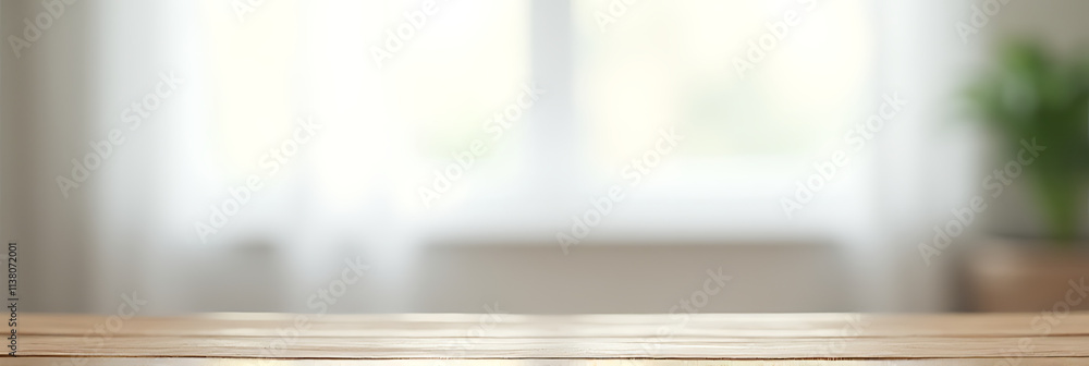 Poster a wood tabletop is partially hidden by a blurred white window with a faintly visible curtain in the 