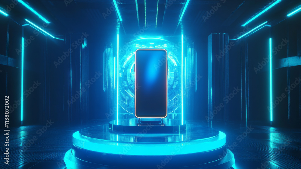Poster 3d mobile phone mockup on podium. futuristic background with tech stand with neon light and hologram
